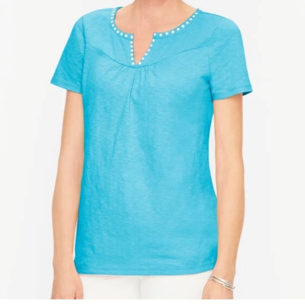 Talbots Embroidered Cotton Short Sleeve Tee in "Aqua Splash" S